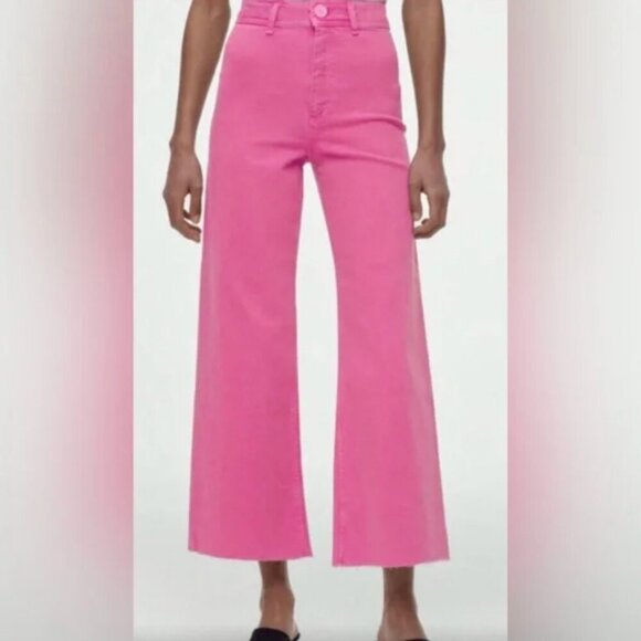 Zara Marine Straight Wide Leg Hot Pink Raw Hem Denim Jeans High Waist Size 2 - Picture 1 of 12